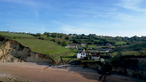 Rural-Coastal-Town-in-Normandy-France,-Aerial-view,-zoom-in