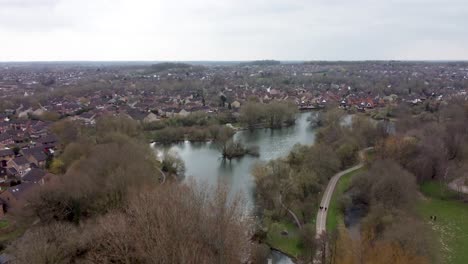 drones fly over ponds and trees overlooking a pond where birds are flying by