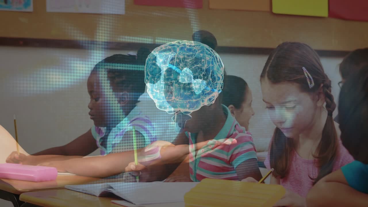 Students writing in classroom, watching DNA helix shifting into 3D brain above desks for learning