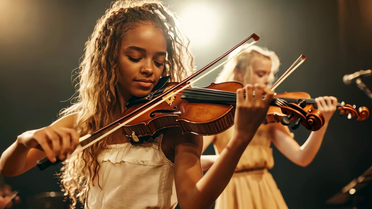 Giovane ragazza che suona il violino sul palco sotto i riflettori
