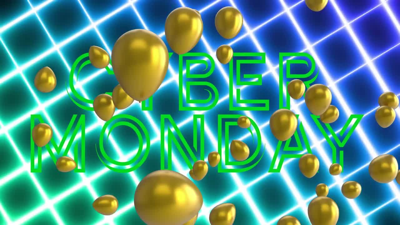 animación de texto verde cyber lunes, sobre la rejilla de neón en movimiento, con globos de oro en negro