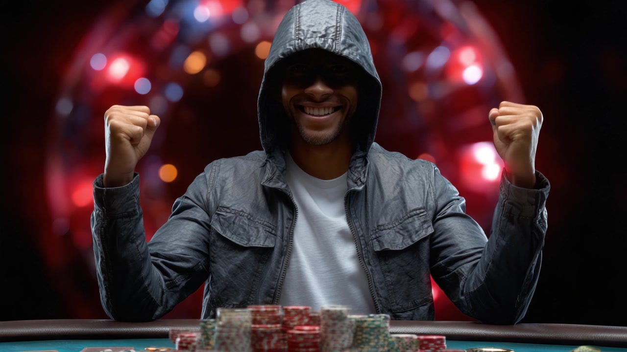 Momenti emozionanti nel poker: un giocatore celebra una grande vittoria con i pugni alzati e un sorriso fiducioso in un vivace ambiente da casinò circondato da fiches da poker
