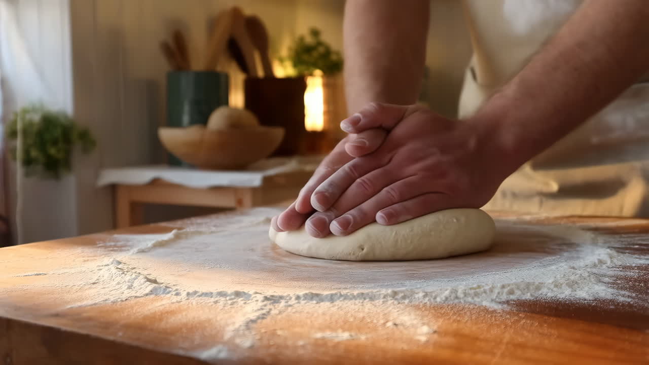 Hands Kneading Dough on a Floured Wooden Table