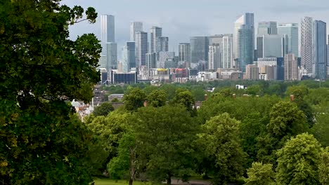 a view towards canary wharf from greenwich park in june 2021