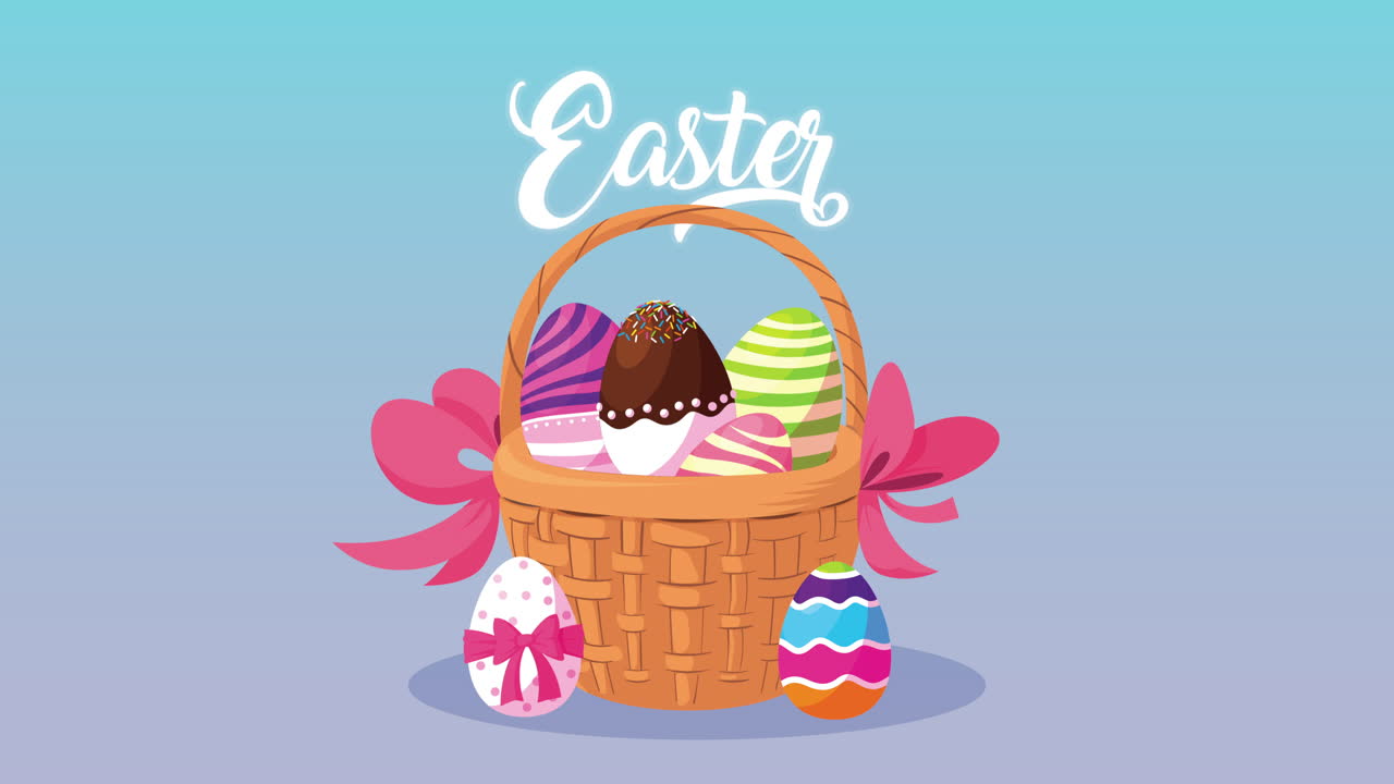 felicità di pasqua carta con uova dipinte nel cesto