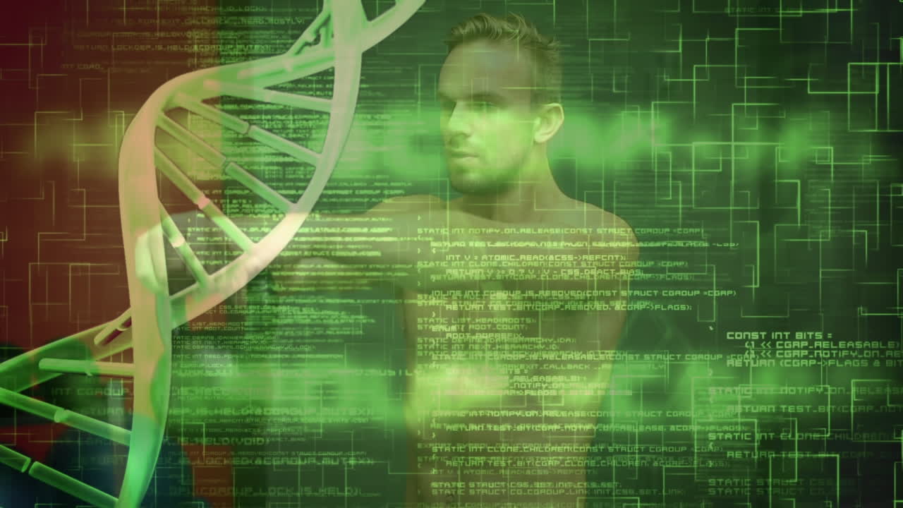 animación de una cadena de adn sobre un hombre musculoso haciendo ejercicio