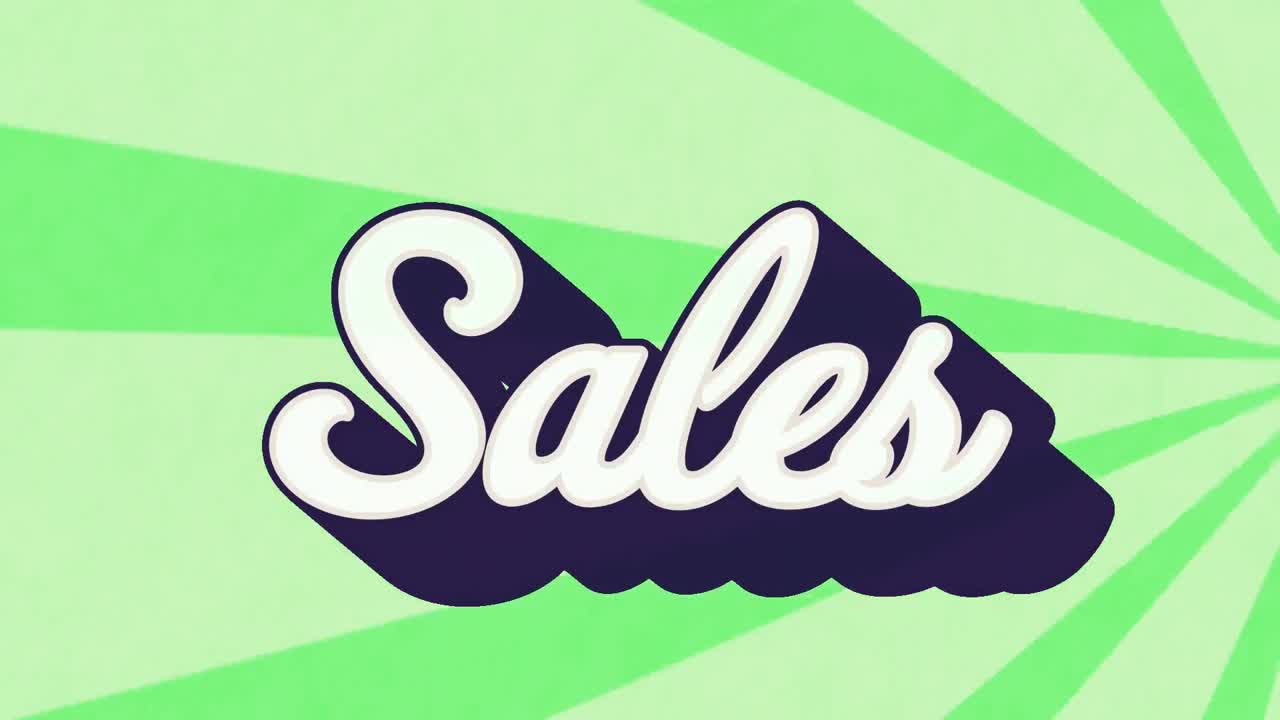 animación del banner de texto de ventas contra los rayos radiales en un patrón sin costuras sobre fondo verde