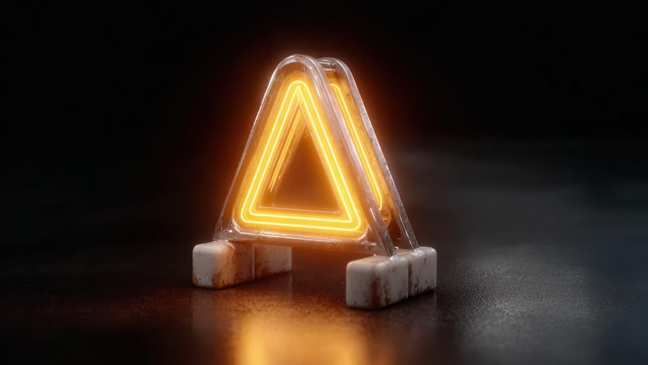 A Glowing Triangle Warning Sign Illuminates a Dark Surface, Capturing Attention with its Vibrant Orange Light in a Minimalist Environment