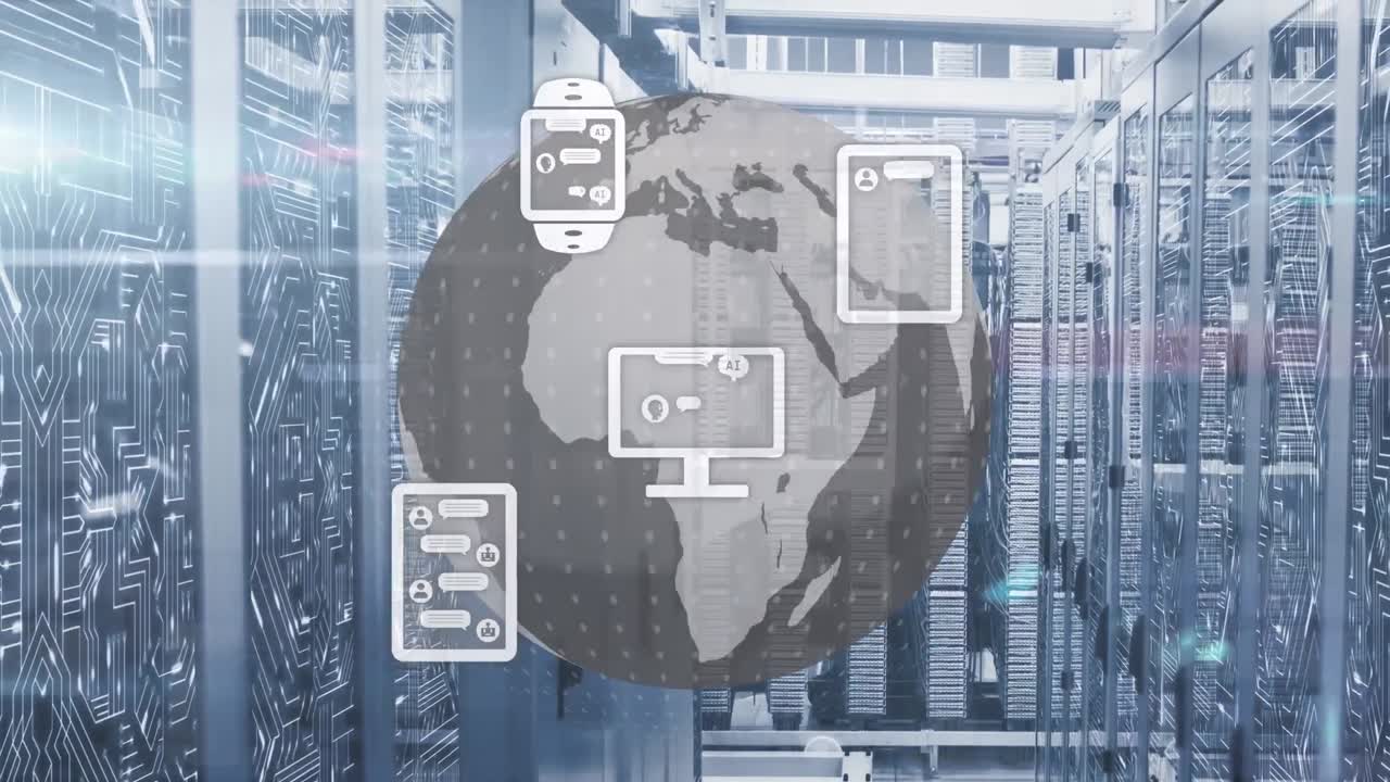 animación de iconos digitales sobre el globo giratorio y el punto de luz contra la sala del servidor de la computadora