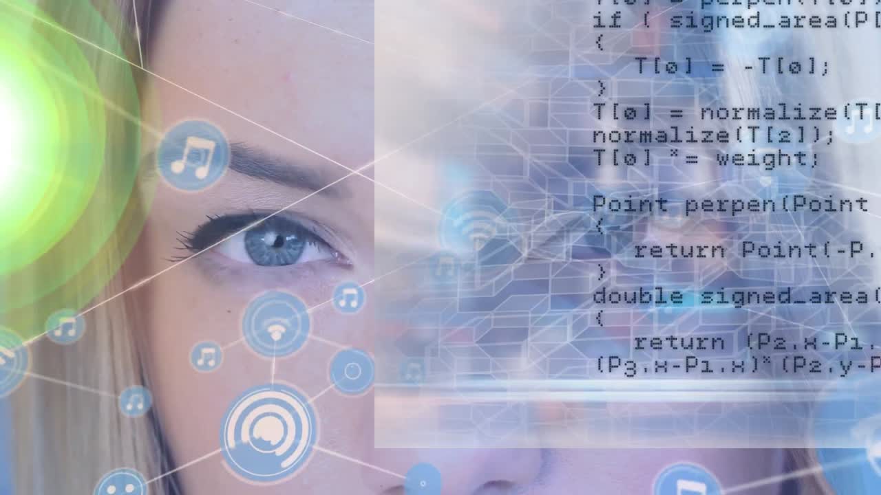 Animation of network of connection with icons and data processing over caucasian woman's face