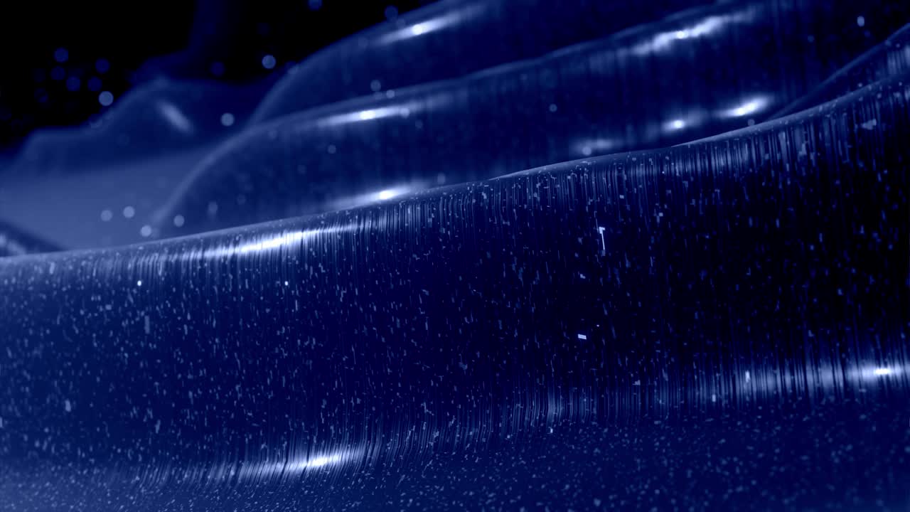 Stylish festive black bg. Fantastical abstract looped background, waves move on glossy surface like landscape made of liquid blue wax with sparkles. Beautiful soft background with smooth animation 4k