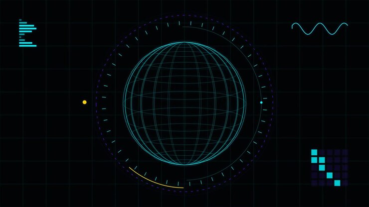 Digital Wireframe Globe Rotating with Futuristic HUD Interface