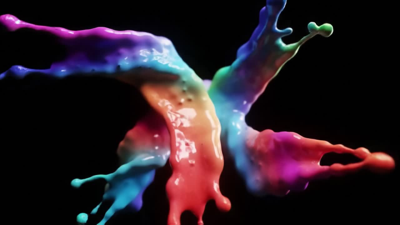 Vibrant paint splashes in multiple colors dance against a black background, showcasing a stunning display of fluid dynamics and artistic expression that captivates viewers.