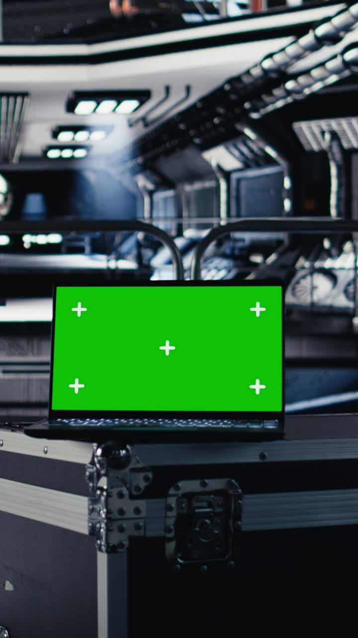 Vertical video Green screen laptop in spacecraft next to monitor displaying Mars dashboard