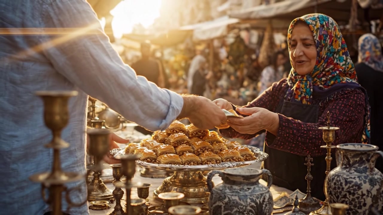 Una vivace scena di mercato con una donna sorridente che vende dolci tradizionali, circondata da splendidi manufatti artigianali all'ora d'oro.