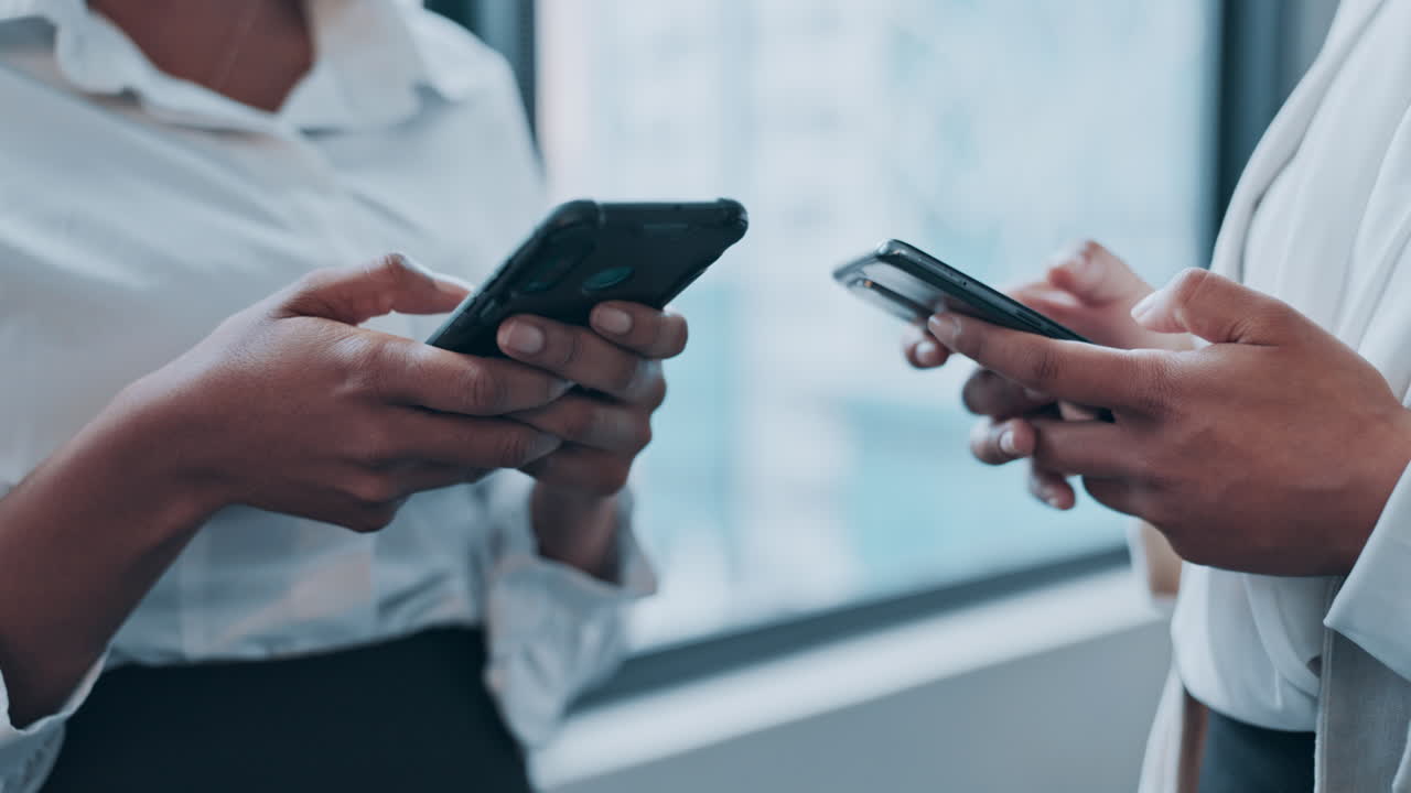Phone, hands and business people with online