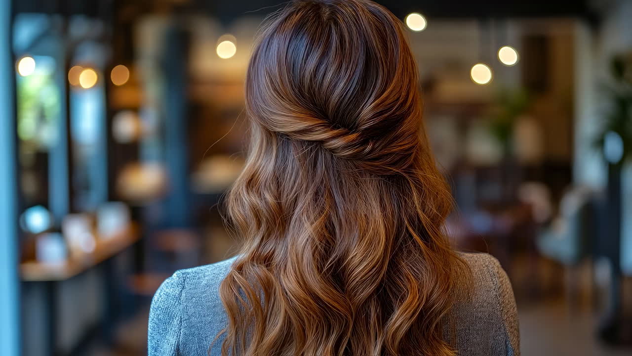 Woman with wavy hair in cozy cafe. A woman with long wavy brown hair is seen from behind in a cozy cafe setting with warm lighting