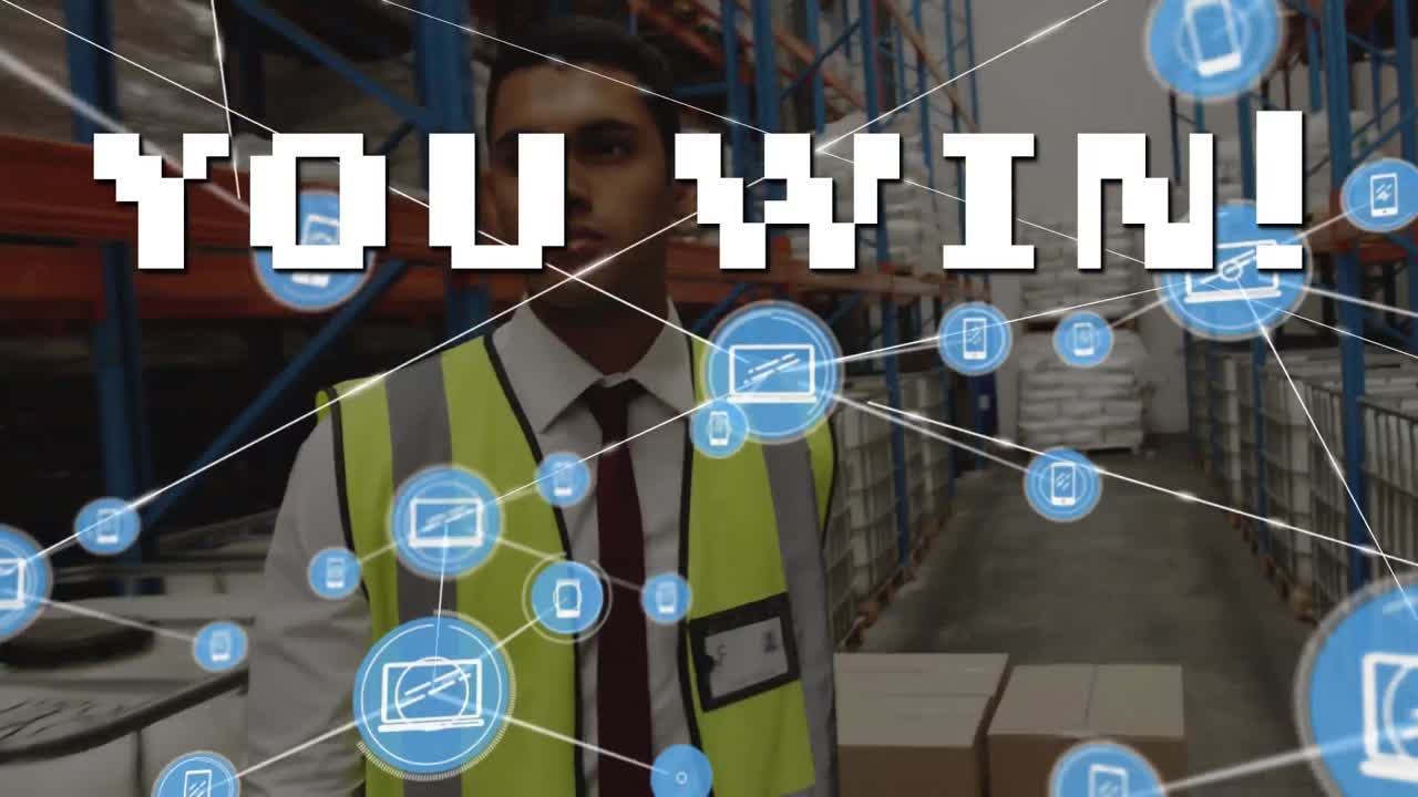 animación de la red de conexiones con iconos y usted gana texto sobre trabajador de almacén biracial