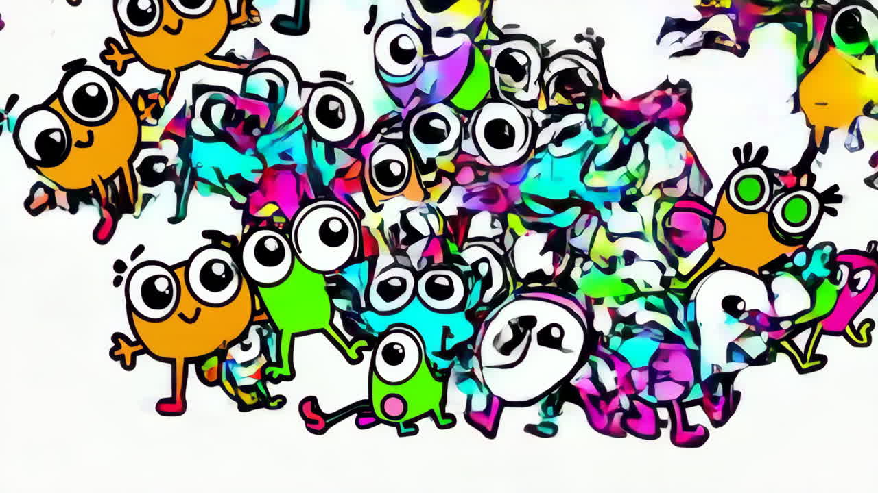 A Whimsical Group of Colorful Cartoon Frog-like Creatures