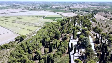 Aerial-view-of-the-circular-fields-of-the-drained-lake-of-Montady,-France,-Europe