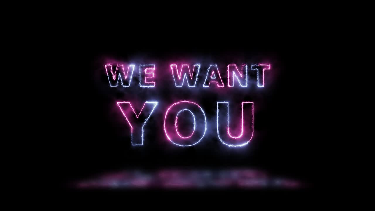 '우리는 당신을 원합니다' 핑크와 보라색 에너지 경계선 표지 애니메이션 바닥에 반사 간단한 원활한 루프 애니메이션 텍스트 4k 타이포그래피 모션 그래픽