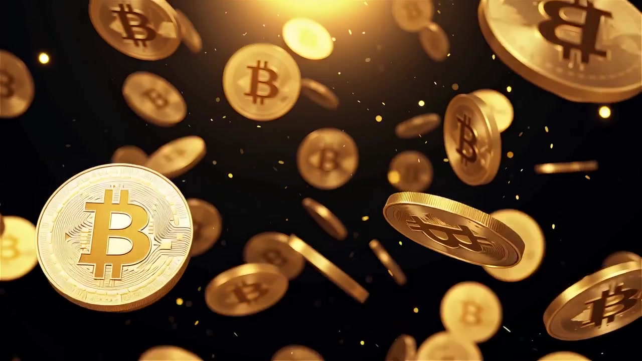 Bitcoin in rotazione su sfondo nero drammatico 4k