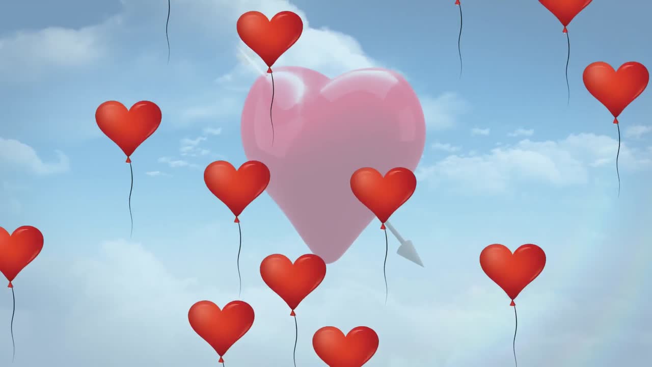 animación de múltiples globos de corazón de amor y corazón con flecha sobre fondo azul