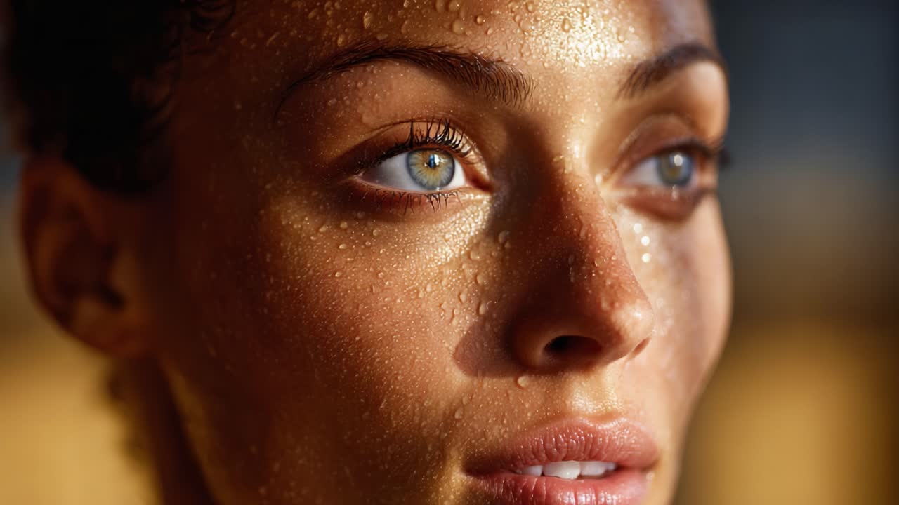 A Close-Up of a Young Woman's Face Engaged in a Majestic Moment, Capturing the Beauty of Natural Light Reflecting Off Water-Drenched Skin with Striking Blue Eyes