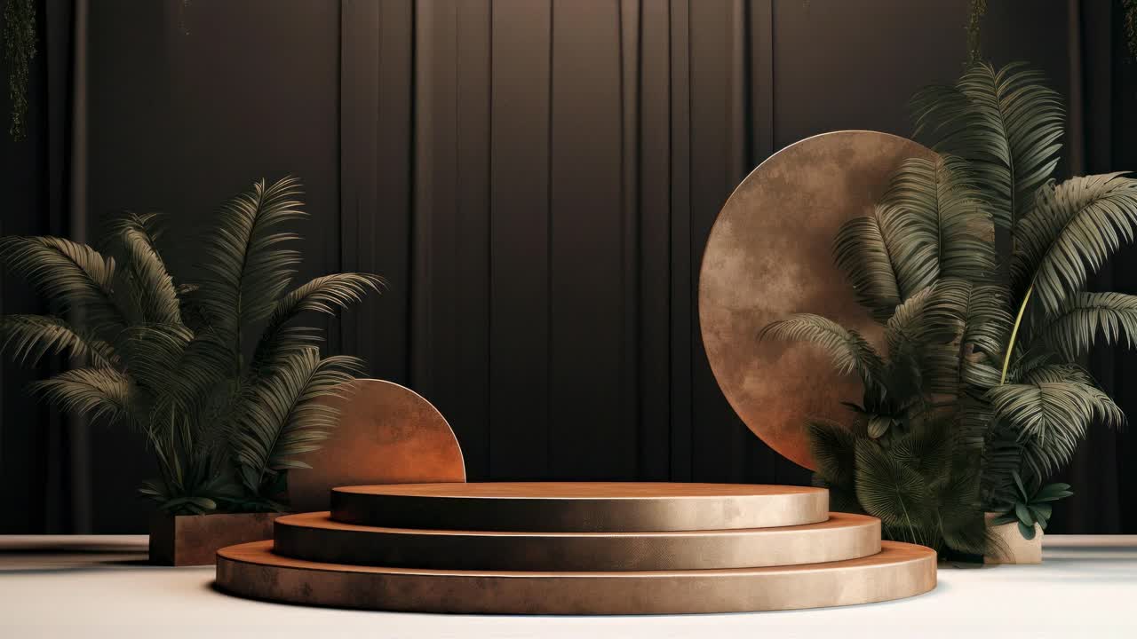 Elegant art deco stage with bronze steps and lush plants, captured from a low angle