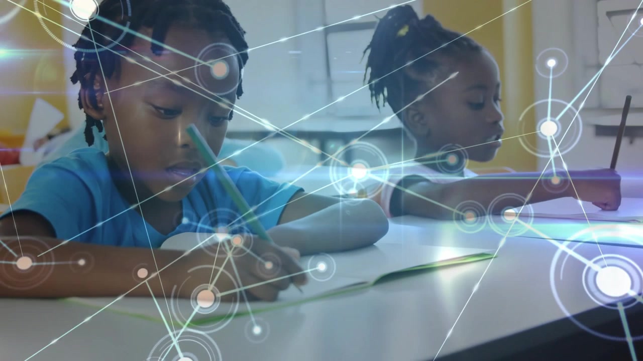 Boy and girl writing at desk while animated network expanding over pages visualizing learning