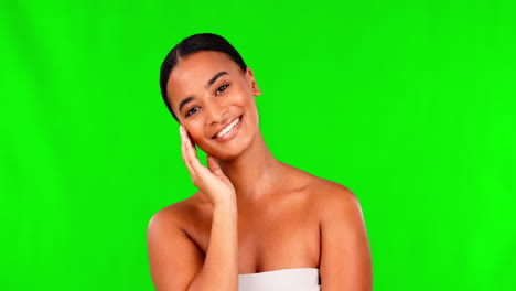 Green-screen,-happy-woman-and-touch-face