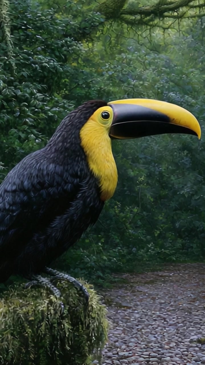 Maestosi tucani neri e gialli elegantemente appollaiati in mezzo a una vegetazione lussureggiante, che catturano l'essenza della vibrante bellezza della natura in due splendide inquadrature.