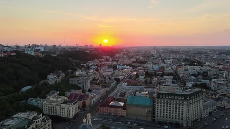 aerial view of the sunset over the skyline of kiev in the poshtova square