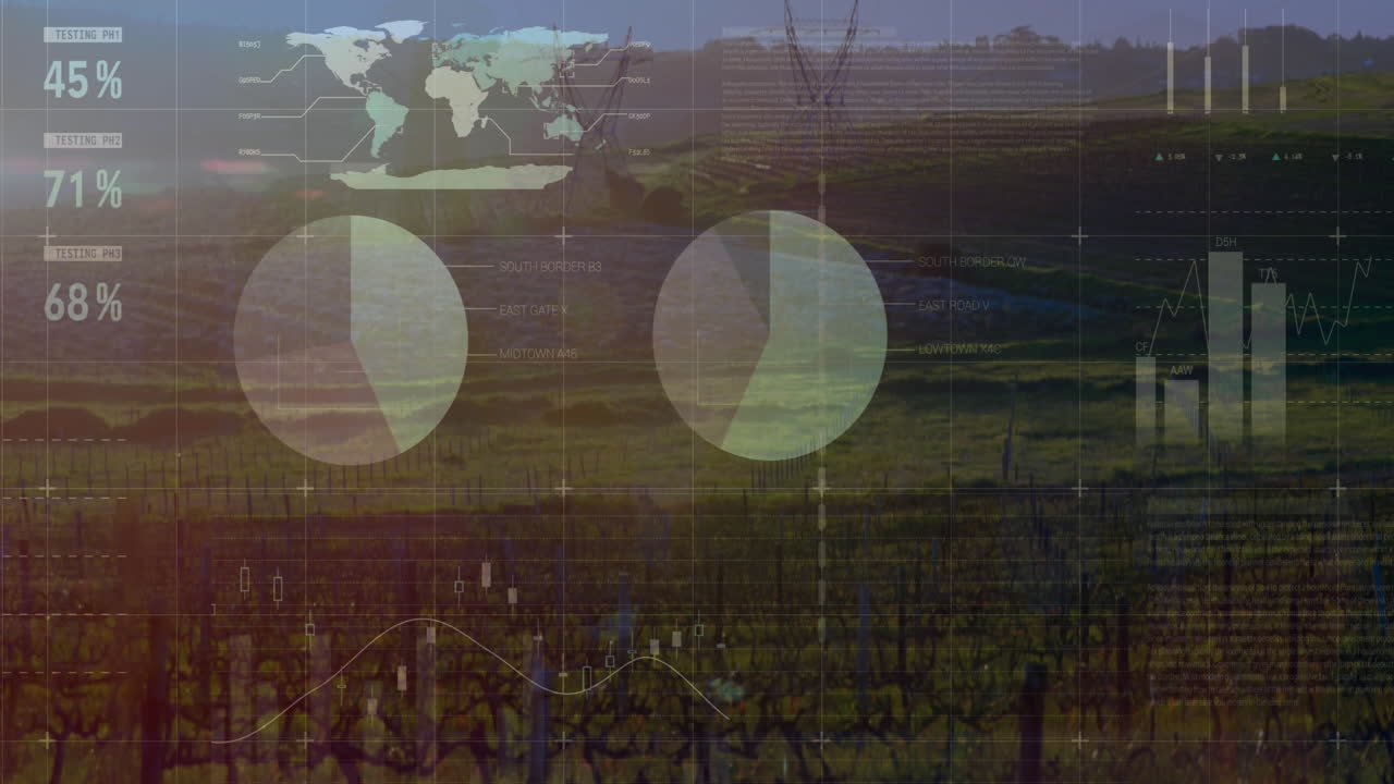 animación del procesamiento de datos estadísticos en comparación con la vista aérea de las torres de la red en los pastizales.