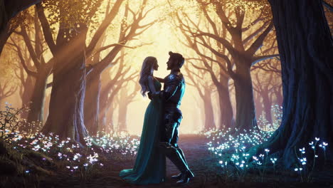 fantasy romance: knight and elf embrace in an enchanted forest