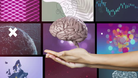 Holding-brain,-hand-over-scientific-data-and-abstract-shapes-animation