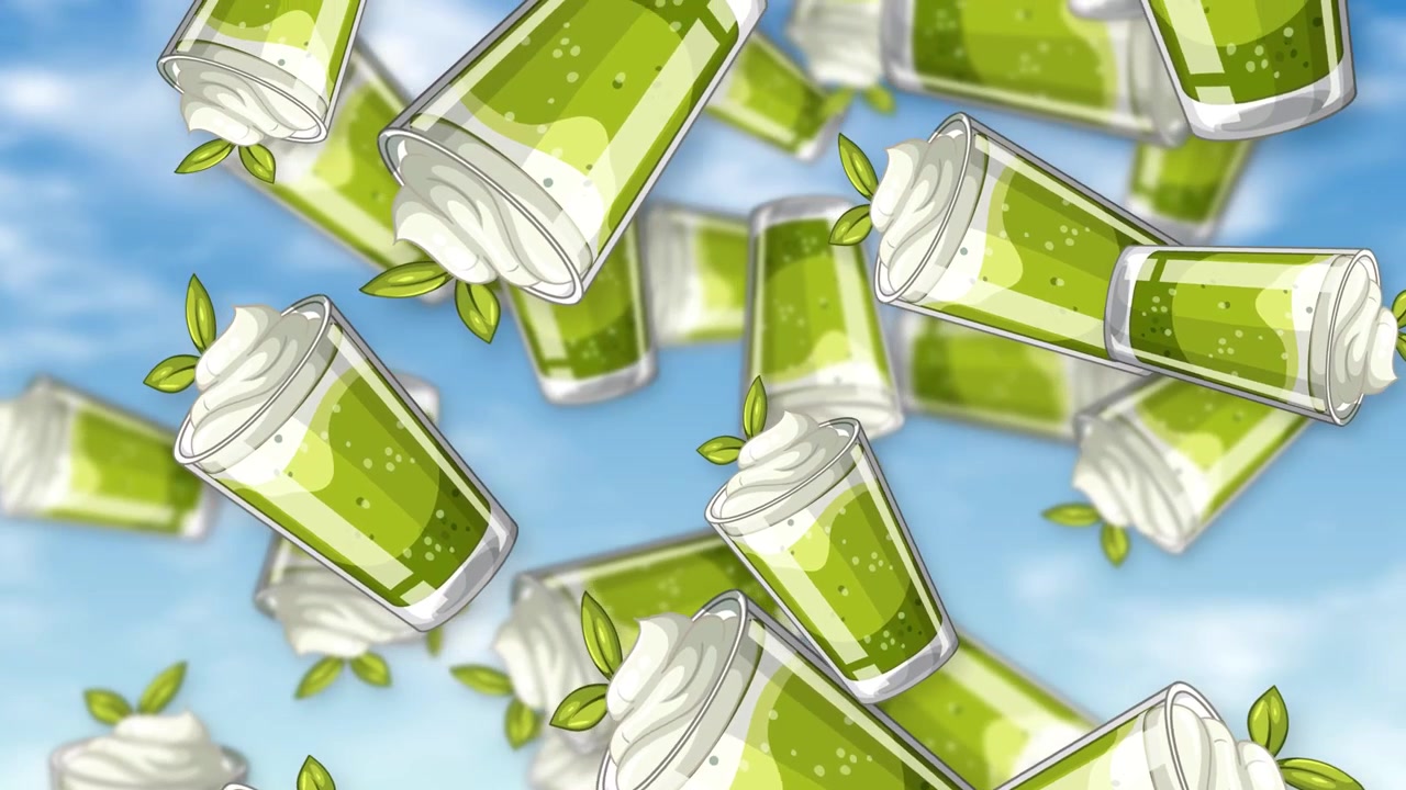 Stylized green tea smoothies with whipped cream fall through a bright blue cloudy sky.