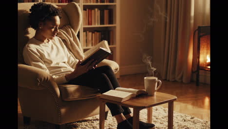 woman reading in a cozy armchair by the fireplace