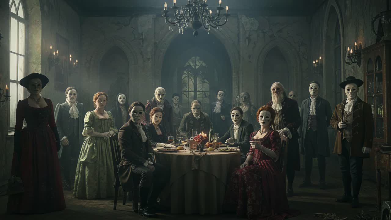 A Mysterious Gathering in a Gothic Setting: Figures in Elaborate Costumes Donning Masks Surround a Table Spread with Food in an Eerie, Candlelit Atmosphere