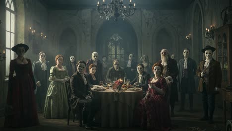 a mysterious gathering in a gothic setting: figures in elaborate costumes donning masks surround a table spread with food in an eerie, candlelit atmosphere