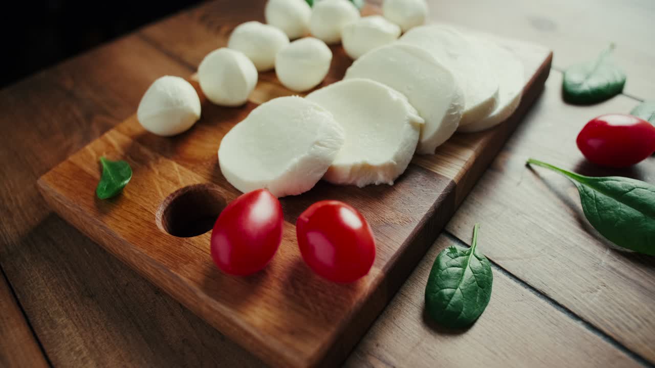 pequeñas bolas de queso mozzarella blanco, hojas de espinaca en tabla de madera.