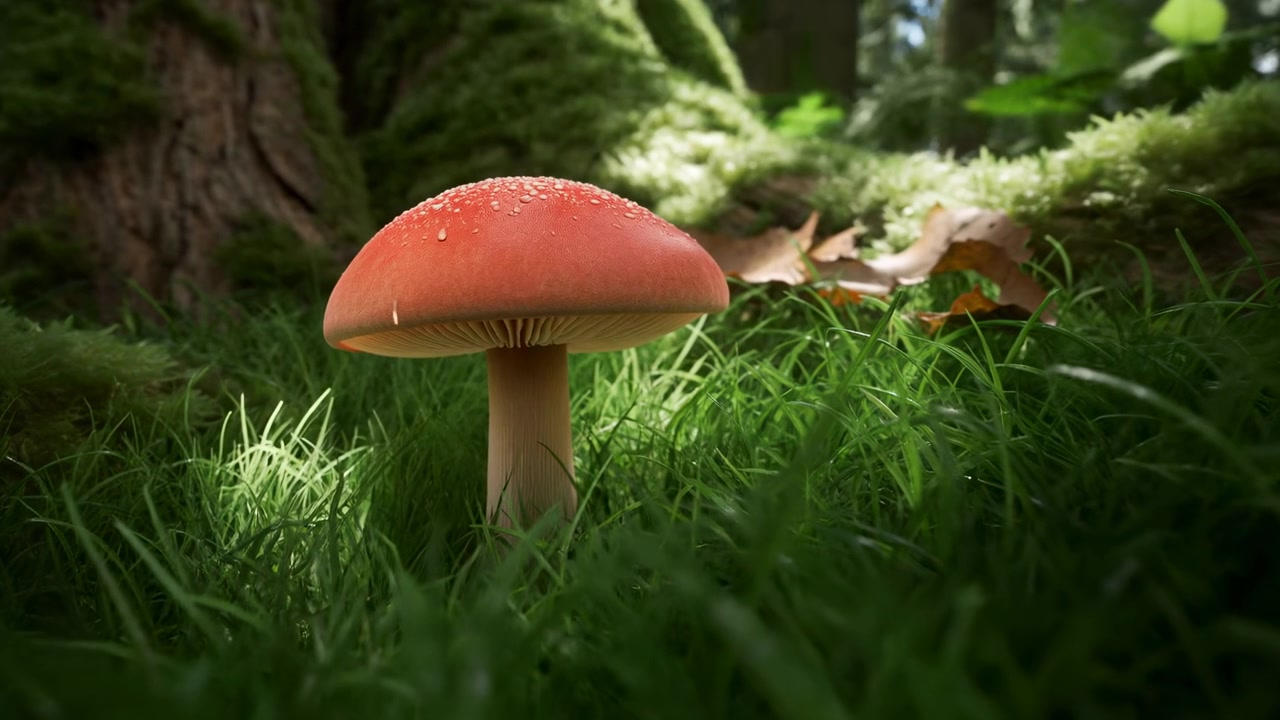 Single red-orange mushroom rises from dense moss beside grass and tree base, water droplets sparkling on cap, exposed gills beneath stem, soft daylight creating calm woodland mood, with mushroom, cap