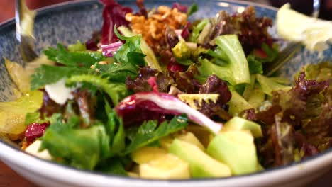 close up of a bowl of fresh salad with avocado, walnuts, cucumber, and tomato