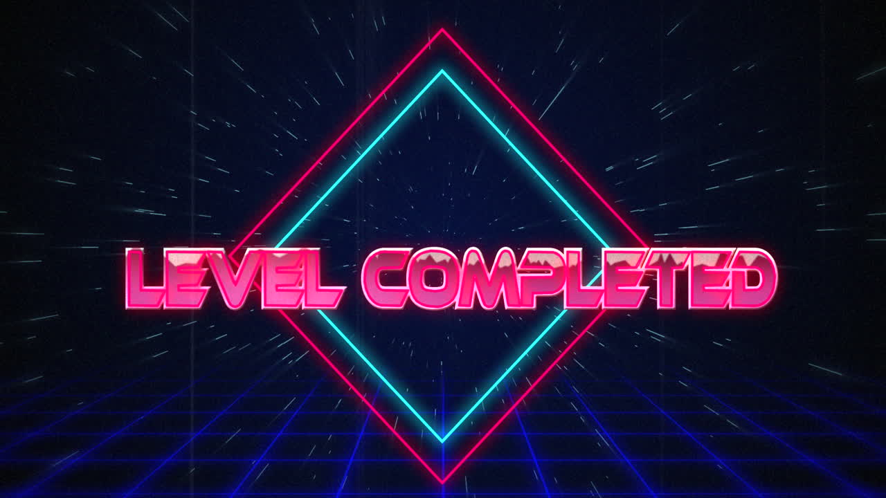 백색 하이퍼스페이스 효과에 파란색과 빨간색 사각형 위의 레트로 레벨 완료 텍스트 오류