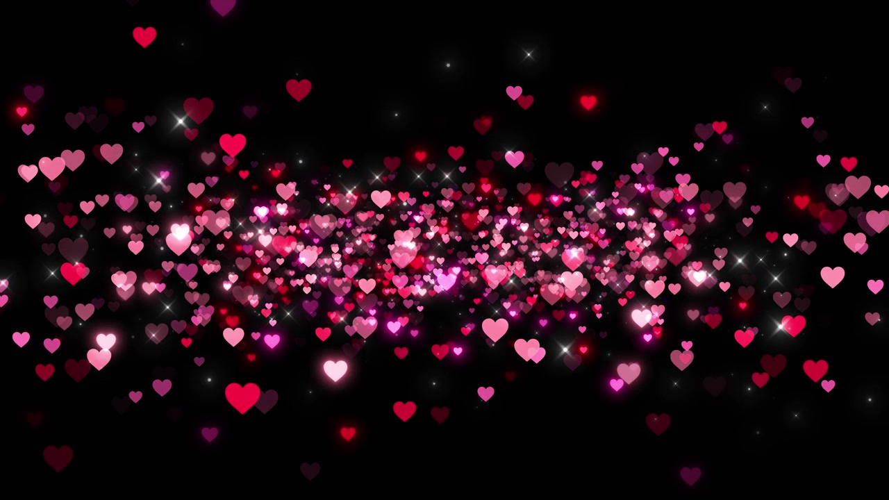 Sfondo rosa scintillante a forma di cuore con cuori rossi fluttuanti, spazio nero romantico e bagliori di stelle luminose