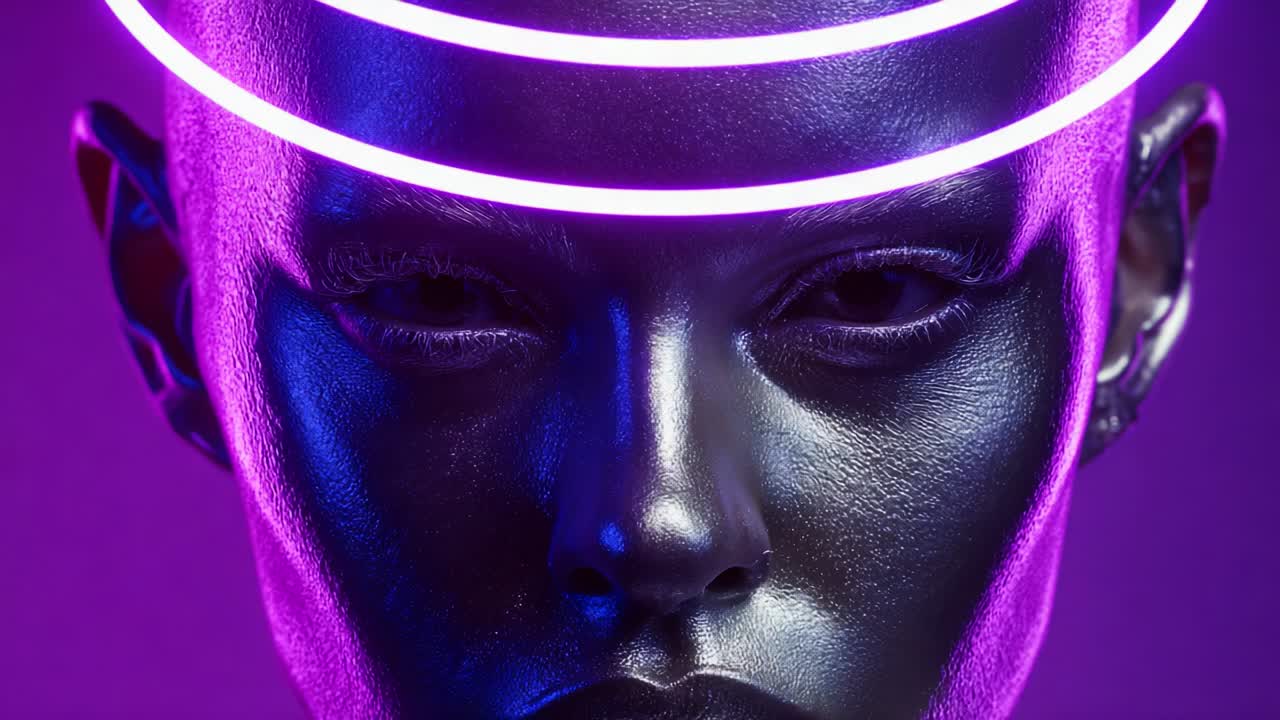 A Stunning Close-Up of a Futuristic Metallic Head with Vibrant Neon Halo Effect, Highlighting the Bold Contrast Between the Smooth Black Surface and the Luminous Purple Glow for Captivating Visual Appeal