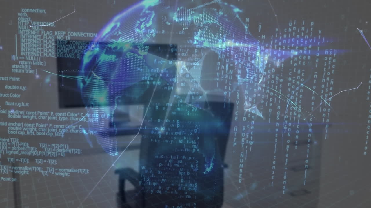 animación de redes de plexus que forman un globo y procesamiento de datos contra el escritorio