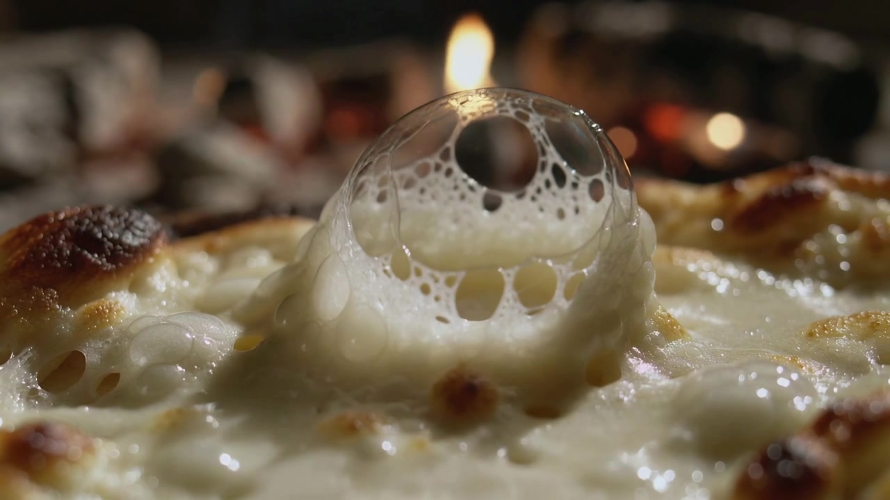 Cupola di formaggio fuso che si gonfia per il calore su un piatto a tavola, con una goccia che colpisce la superficie collassando in una pozza