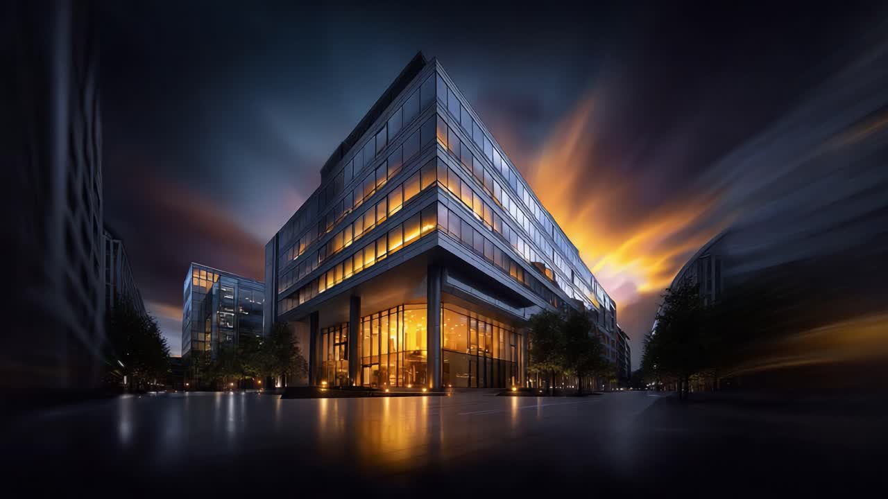 Paisagem noturna arquitetônica deslumbrante de um edifício moderno com iluminações radiantes contra um céu noturno escuro, mostrando design contemporâneo e elegância urbana