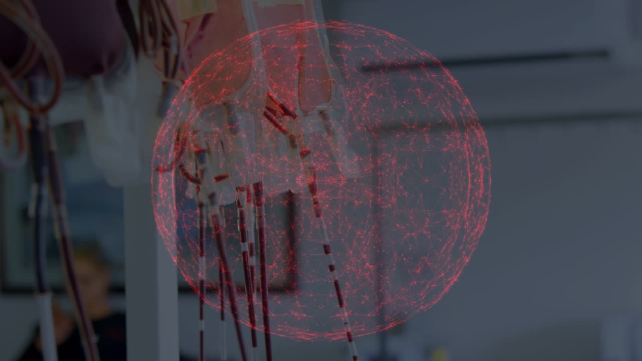 Animation of network of connections over drip with blood